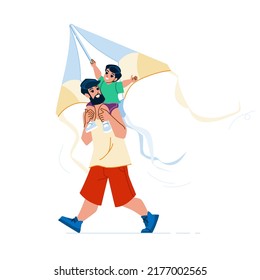 father son kite vector. family child fly, happy dad kid, field together father son kite character. people flat cartoon illustration