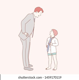 Father and son knotting ties. Hand drawn style vector design illustrations.