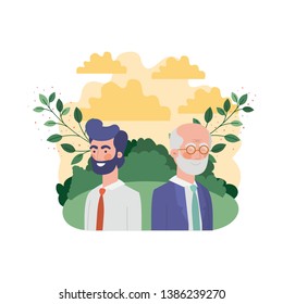 father with son in landscape and foliage character