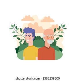 father with son in landscape and foliage character