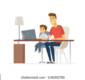 Father and son at the laptop - cartoon people characters illustration isolated on white background. Young parent helping his kid to learn computer science. Kid sitting at the desk. Family concept