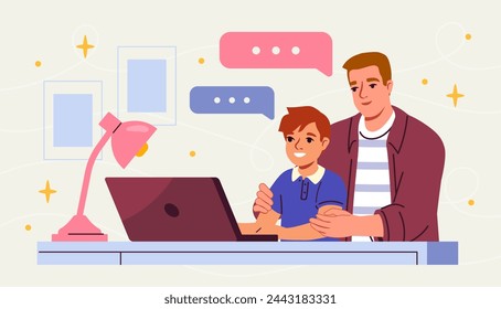 Father and son with laptop concept. Man with boy near pc. Dad and kid with distant education and learning. Schooler teaching and studying with advices from adult. Cartoon flat vector illustration