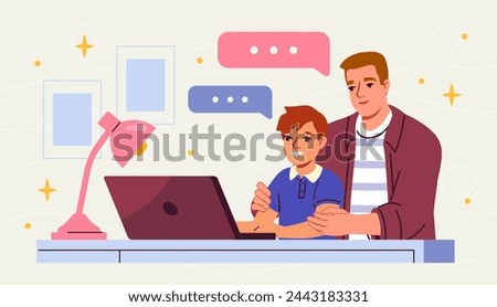 Father and son with laptop concept. Man with boy near pc. Dad and kid with distant education and learning. Schooler teaching and studying with advices from adult. Cartoon flat vector illustration