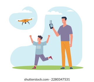 Father and son launch drone in wild. Outdoor recreation leisure for family. Quadcopter electronic technology, flying vehicle gadget with propeller. Cartoon flat illustration. Vector concept