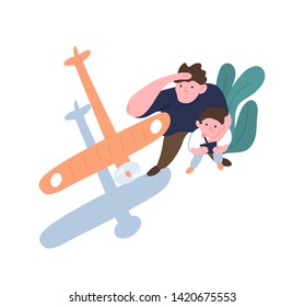 Father and son launch model aircraft. Dad and kid watching flight of toy airplane, aeromodel or glider. Parent and child enjoying outdoor leisure activity or hobby. Flat cartoon vector illustration.