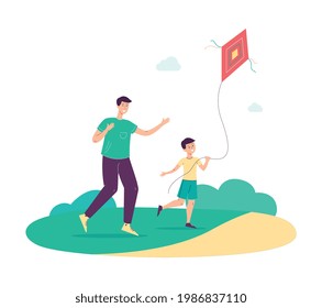 Father and son launching a kite in the park flat vector illustration isolated on white background. Happy young father and child boy spending free time together.