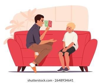 Father with son learning human facial emotions training to recognize social reactions and expressions cartoon scene. Dad helping boy child to develop emotional skills at home vector illustration