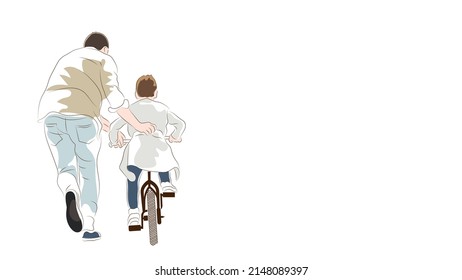 Father and son learning to ride a bicycle isolated on white background, Drawing style flat illustration vector.