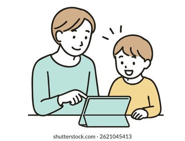 Father and son learning together using a digital tablet at home, white background