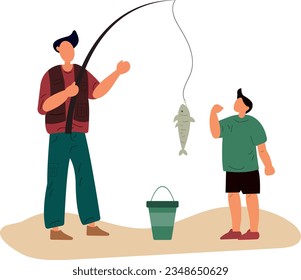 Father and son leisure.men fishing.flat vector illustration.