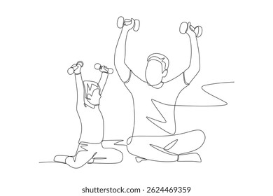 Father and son lifting dumbbells. Dad and kid excercise concept one-line drawing