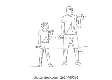 Father and son lifting dumbbells. Dad and kid excercise concept one-line drawing