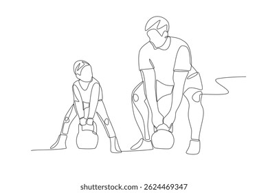 Father and son lifting kettlebells. Dad and kid excercise concept one-line drawing