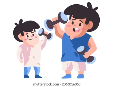 father and son is lifting weight using dumbbell, barbell to be healthy and fit in blue costume modern flat color isolated background  vector illustration