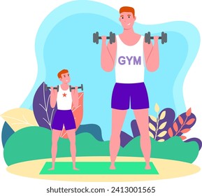 Father and son lifting weights outdoors. Adult man and young boy exercising with dumbbells. Family workout and bonding vector illustration.