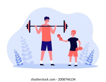 Father and son lifting weights together. Adult with barbell, little boy with dumbbells flat vector illustration. Family fitness, healthy lifestyle concept for banner, website design or landing page