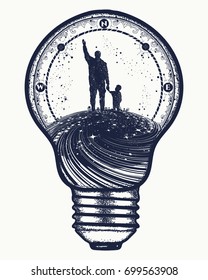 Father and son in lightbulb, surreal tattoo art. Happy family of the future. Immortality of human life t-shirt design 