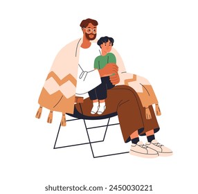 Padre e hijo. Niño pequeño sentado sobre las rodillas de papá. Papá abrazando al niño, pasando tiempo libre juntos. Feliz relación padre e hijo hombre. Ilustración vectorial plana aislada sobre fondo blanco