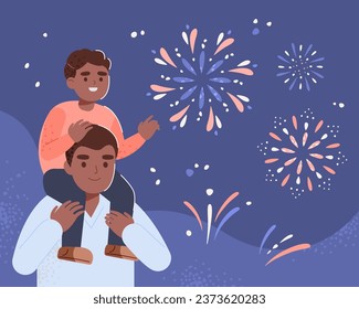 Father and son look at fireworks in the night sky.