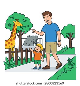 Father and son looking at animals during a trip to the zoo. A colorful illustration of a man and a child pointing at a giraffe and elephant in a zoo setting with trees. Ideal for educational children's books or family travel blogs.