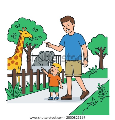 Father and son looking at animals during a trip to the zoo. A colorful illustration of a man and a child pointing at a giraffe and elephant in a zoo setting with trees. Ideal for educational children's books or family travel blogs.