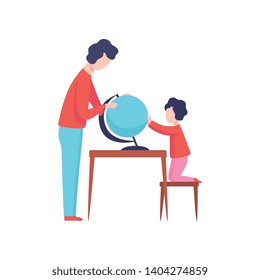 Father and Son Looking at Globe, Boy Studying Geography, Dad and Kid Spending Time Together Vector Illustration