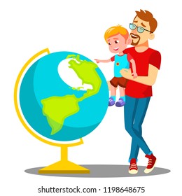 Father And Son Looking At The Globe Vector. Isolated Illustration
