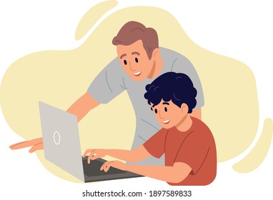 Father with son looking at the laptop. Flat design illustration. Vector