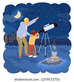 Father and son looking through telescope spending time together outdoors vector illustration. Dad and boy exploring galaxy universe and celestial bodies in starry sky