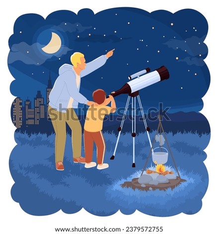Father and son looking through telescope spending time together outdoors vector illustration. Dad and boy exploring galaxy universe and celestial bodies in starry sky