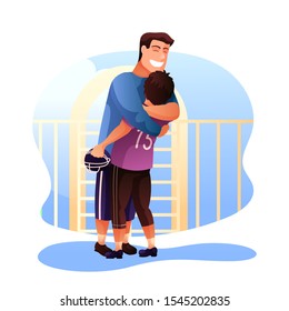 Father and son love flat vector illustration. Happy daddy embracing boy after sports event. Coach, trainer supporting young baseball player. Cheerful dad proud for sons competition victory