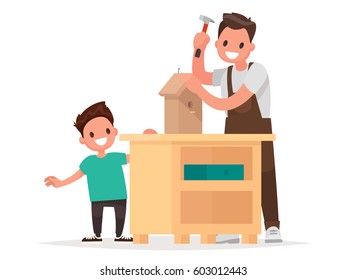 Father and son make a birdhouse. Vector illustration in a flat style