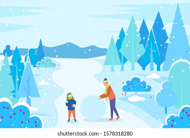 Father and son make snowball for snowman together. Family spend time actively in snowy forest. Man and kid walk in wood on winter holidays. Landscape with fir trees on background. Vector illustration