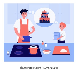 Father and son making big cake flat vector illustration. Happy kid helping dad, holding flour packaging. Man in apron mixing ingredients in bowl. Cooking, family, together, kitchen concept