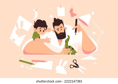 Father and son making origami paper composition together. Family, origami, parenting and childhood flat concept. Art of paper folding