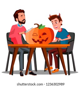 Father And Son Making A Pumpkin For Halloween Vector. Halloween Isolated Illustration
