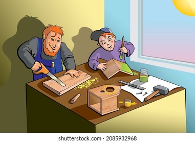 Father and son making a wooden birdhouse together, cartoon vector illustration