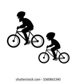 father and son, man and boy exercising together, riding bikes cycling vector illustration isolated  silhouette scene