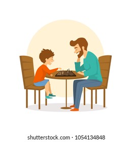 father and son, man and boy playing chess together, fun isolated vector illustration scene