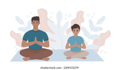 Father and son meditate in the lotus position. Vector illustration 