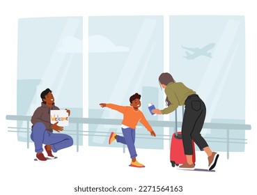 Father and Son Meeting Mother in Airport After A Prolonged Separation. Joy Of Being Reunited With Loved Ones for Family-themed Content, Travel, Or Tourism. Cartoon People Vector Illustration