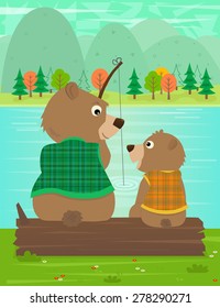 Father and Son Moment - Father bear and his son are fishing together at the river. Eps10