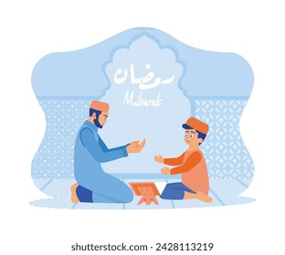 Father and son are in the mosque. Read the Koran and pray together. Ramadan Kareem and Ramadan Mubarak greeting design concept. flat vector modern illustration 