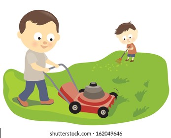 Father and son mowing and raking