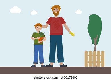 Father and son in nature or in the garden. Vector picture of a family in the fresh air planting a vegetable garden. Flat-style illustration of a family on vacation. Father and son love of nature 