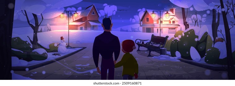 Vater und Sohn in der Nacht Winter Nachbarschaft Straße Hintergrund. Mann zurück in die Ferien Landschaft Szene zu gehen. Die Eltern halten die Hand des Kindes. Dunkles Dezemberdorf mit Gebäude in Fernsicht mit Laterne