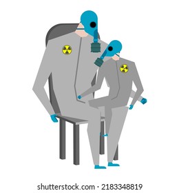Father and son nuclear protection suits. Concept of nuclear war and ecological catastrophe.