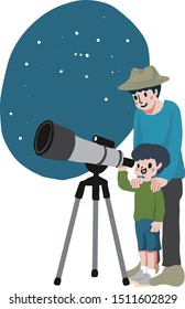 Father and son observing the sky with a telescope