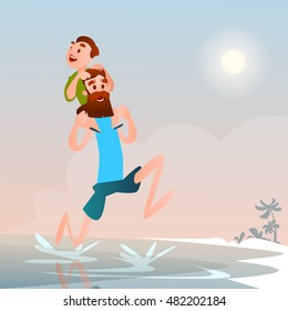 Father With Son On Beach Seaside Vacation Summer Holiday Flat Vector Illustration