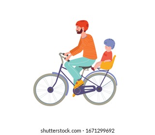Father and son on a bicycle. Man with helmet carrying his baby on a bike. Toddler is wearing a blue helmet and enjoying the ride. Urban parenting and cycling with kids safety.